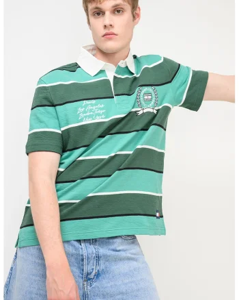 Tricou polo cu dungi si logo, Alb/Verde/Negru
