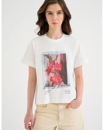 Tricou lejer cu imprimeu grafic, Alb/Rosu inchis