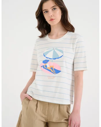 Tricou din bumbac organic Bone, Alb/Albastru prafuit