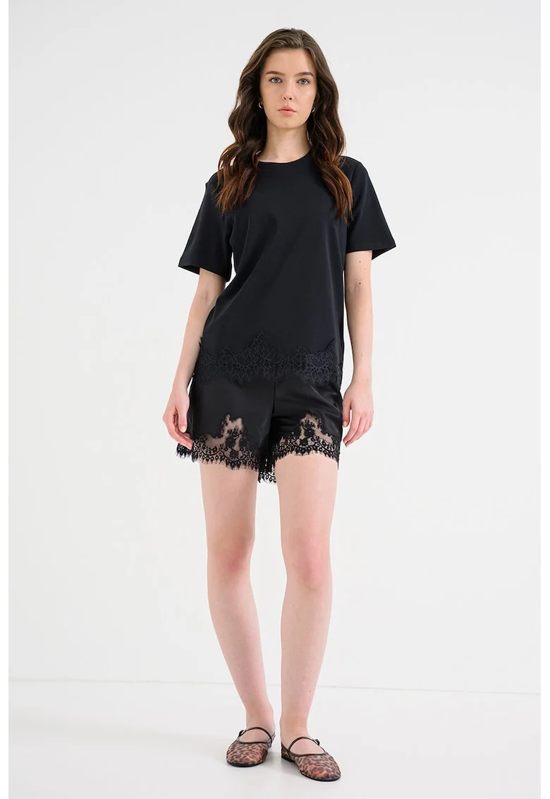 Tricou din bumbac organic cu garnitura din dantela la terminatie, Negru