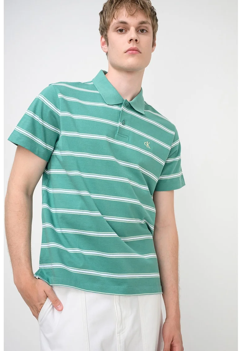 Tricou polo cu detaliu monograma si dungi, Alb/Verde