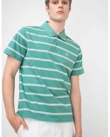 Tricou polo cu detaliu monograma si dungi, Alb/Verde