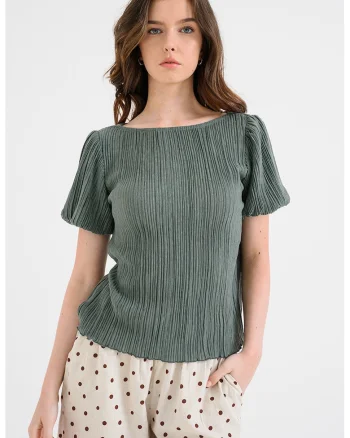 Bluza cu maneci scurte si decolteu barcuta Laika, Verde persan