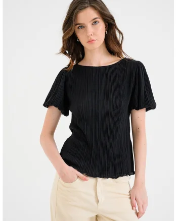 Bluza cu maneci scurte si decolteu barcuta Laika, Negru