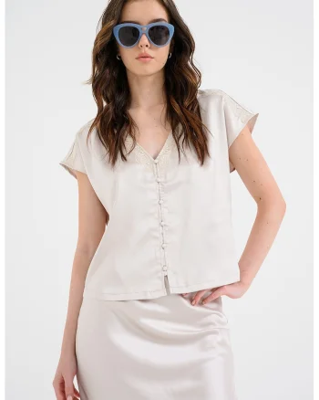 Bluza de satin cu maneci scurte Faraya, Bej deschis