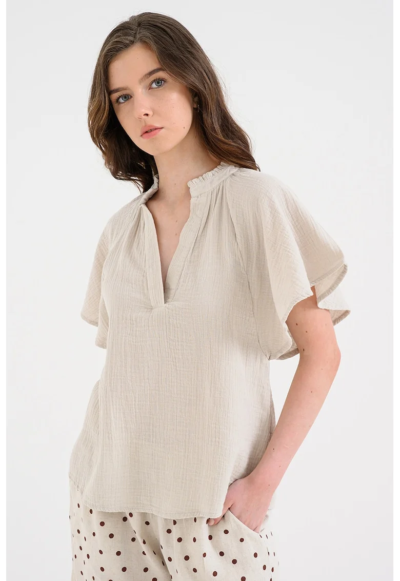 Bluza vaporoasa din bumbac cu decolteu in V, Maro camel