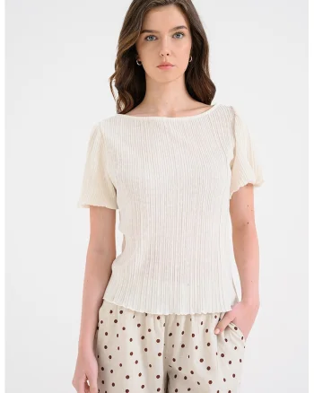 Bluza cu maneci scurte si decolteu barcuta Laika, Alb fildes