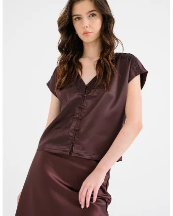 Bluza de satin cu maneci scurte Faraya, Maro cognac