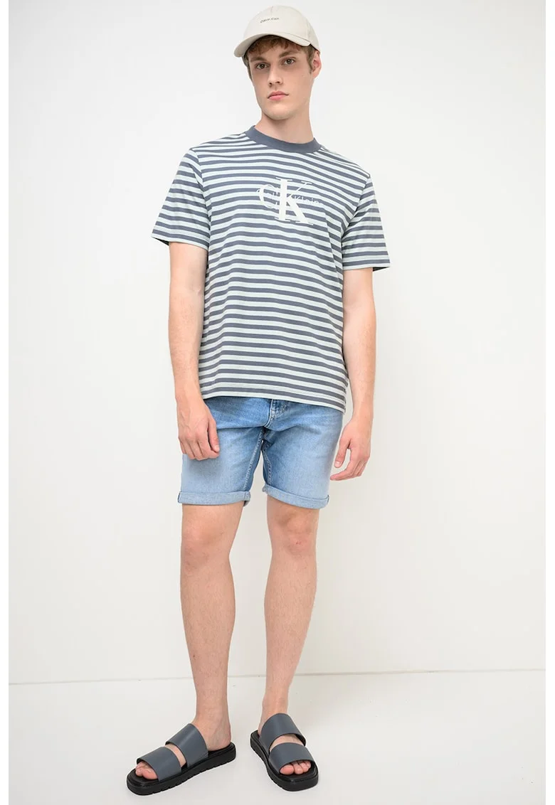 Tricou cu decolteu la baza gatului si dungi, Albastru glaciar/Gri inchis