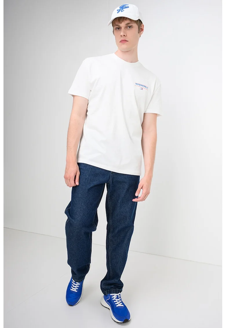 Tricou cu decolteu la baza gatului si imprimeu, Alb/Portocaliu mandarina/Albastru