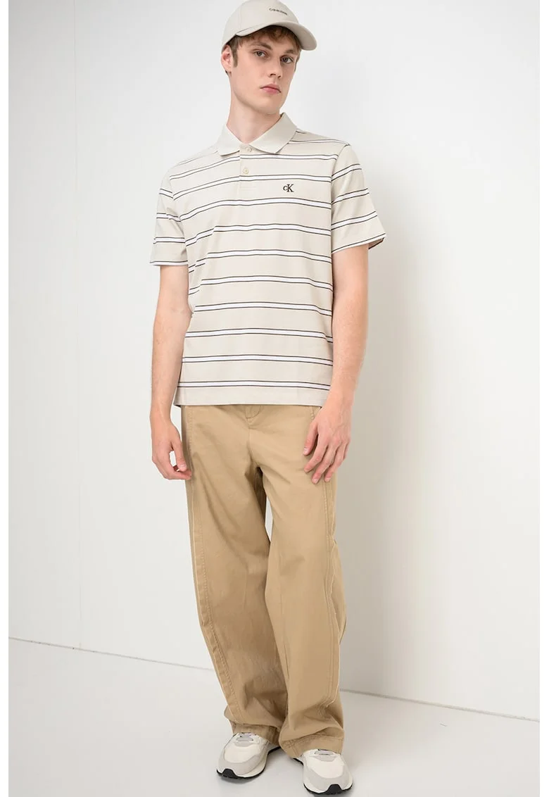 Tricou polo cu detaliu monograma si dungi, Alb/Alb fildes/Negru