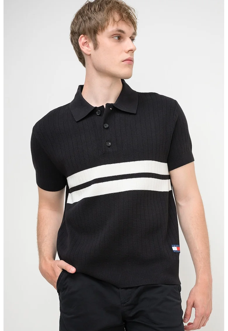 Tricou polo din tricot cu striatii si dungi, Alb/Negru