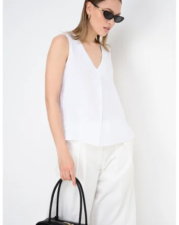Bluza din amestec de in cu decolteu in V, Alb