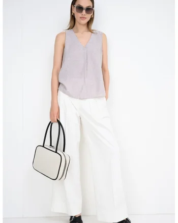 Bluza din amestec de in cu decolteu in V, Bej