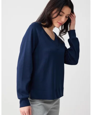 Bluza de trening din amestec de modal cu croiala lejera si decolteu in V, Bleumarin