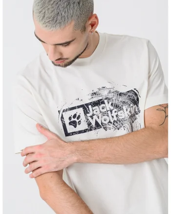 Tricou cu imprimeu si decolteu la baza gatului, Alb fildes/Negru