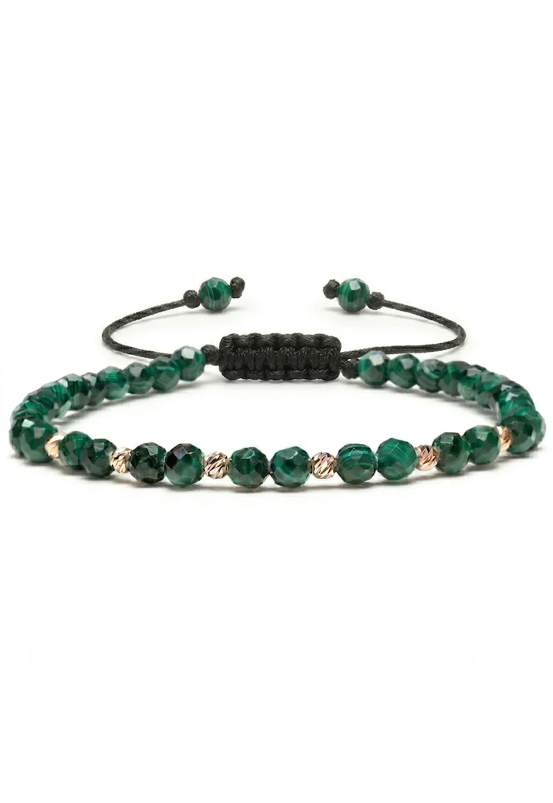Bratara cu 6 bile Aur 14k, pietre semipretioase Malachit, ajustabila,