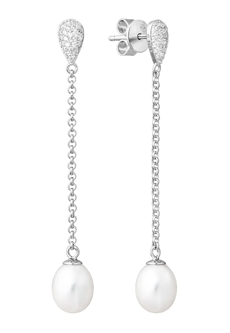 Cercei argint lungi cu perle naturale si zirconia - Caprice