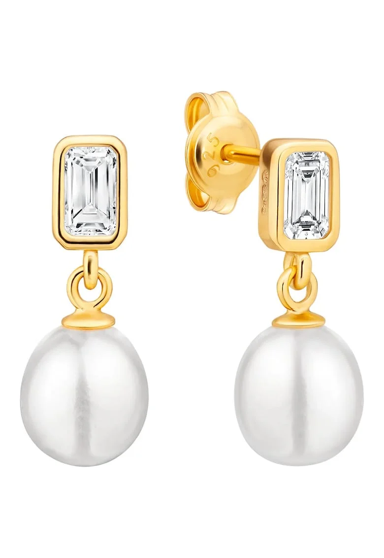 Cercei argint drops cu perle naturale si zirconia - Pure Grace, Auriu