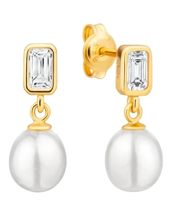 Cercei argint drops cu perle naturale si zirconia - Pure Grace, Auriu