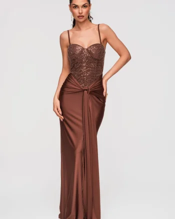 Rochie Maxi de Seara Eleganta cu Paiete si Spate Gorset, Maro