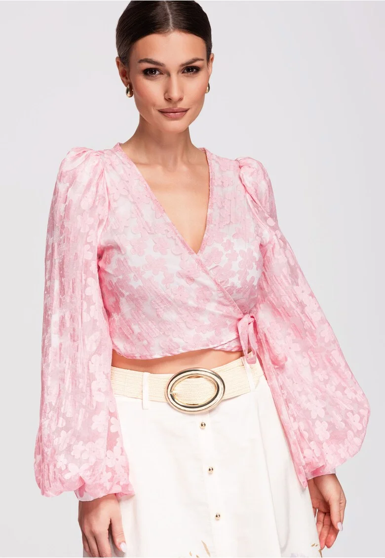 Bluza tip ie, cu maneci bufante, material semi-transparent si croiala cambrata, Roz