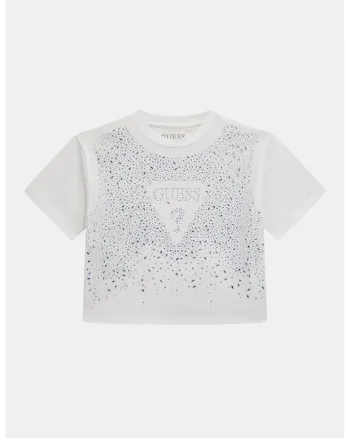 Tricou crop cu logo si strasuri, Alb/Argintiu