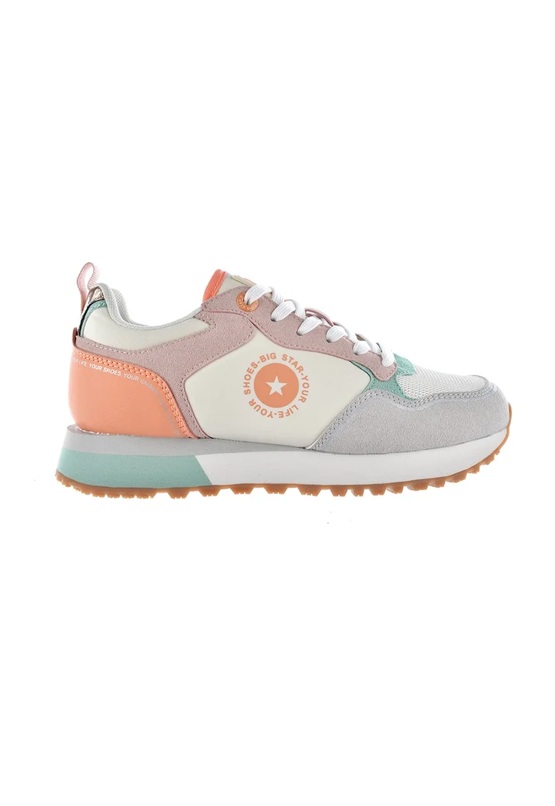 Pantofi sport cu model colorblock si garnituri din piele intoarsa ecologica, Gri cenusiu/Roz prafuit