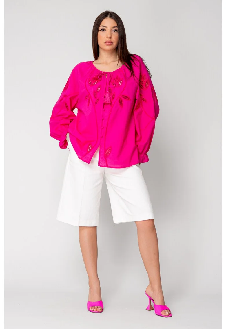 Camasa maneca lunga cu broderie Fuchsia 16317, Fucsia