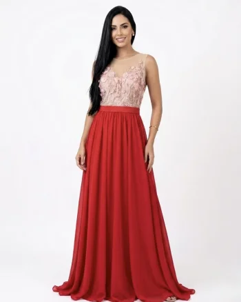 Rochie rosie din voal cu slit pe picior