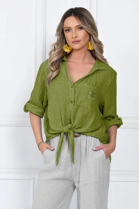 Camasa masura mare, din in, cu nod in fata, verde oliv
