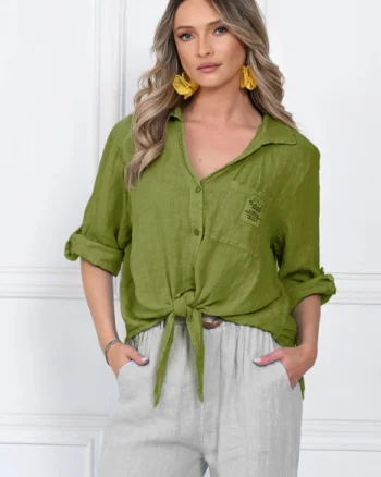 Camasa masura mare, din in, cu nod in fata, verde oliv