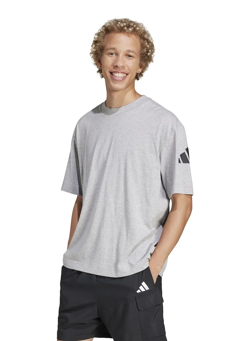 Tricou cu decolteu la baza gatului si detaliu cu logo pe maneci, Negru/Gri