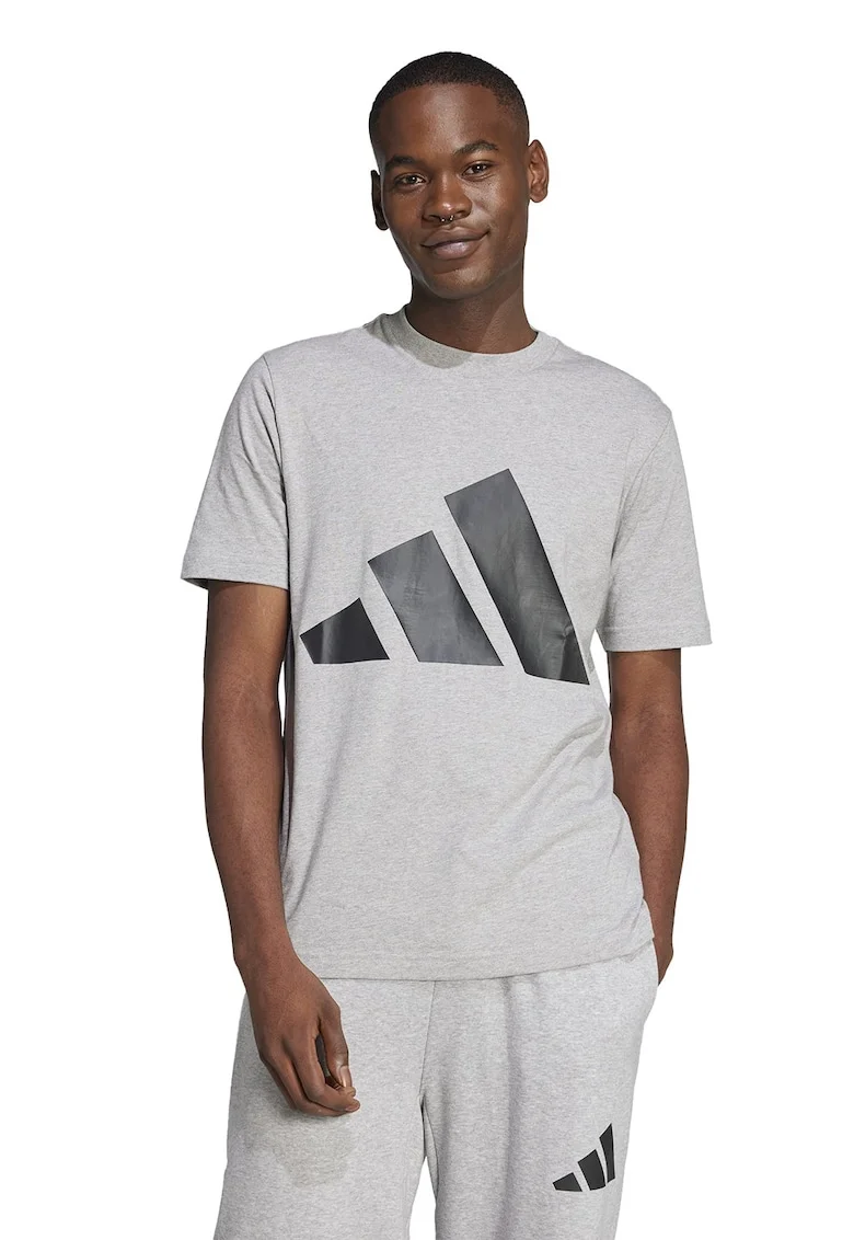 Tricou cu decolteu la baza gatului si imprimeu logo, Negru/Gri deschis