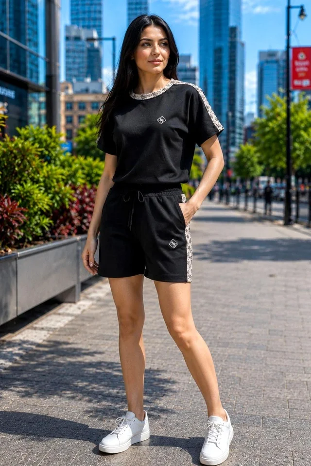 Compleu de dama imprimat Alessa, cu pantaloni scurti si tricou sport, Negru