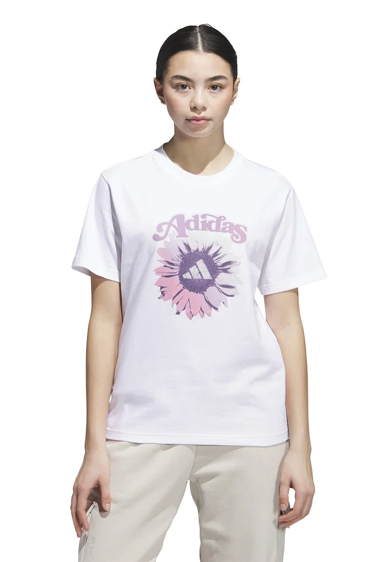 Tricou cu decolteu la baza gatului si logo, Alb/Lila