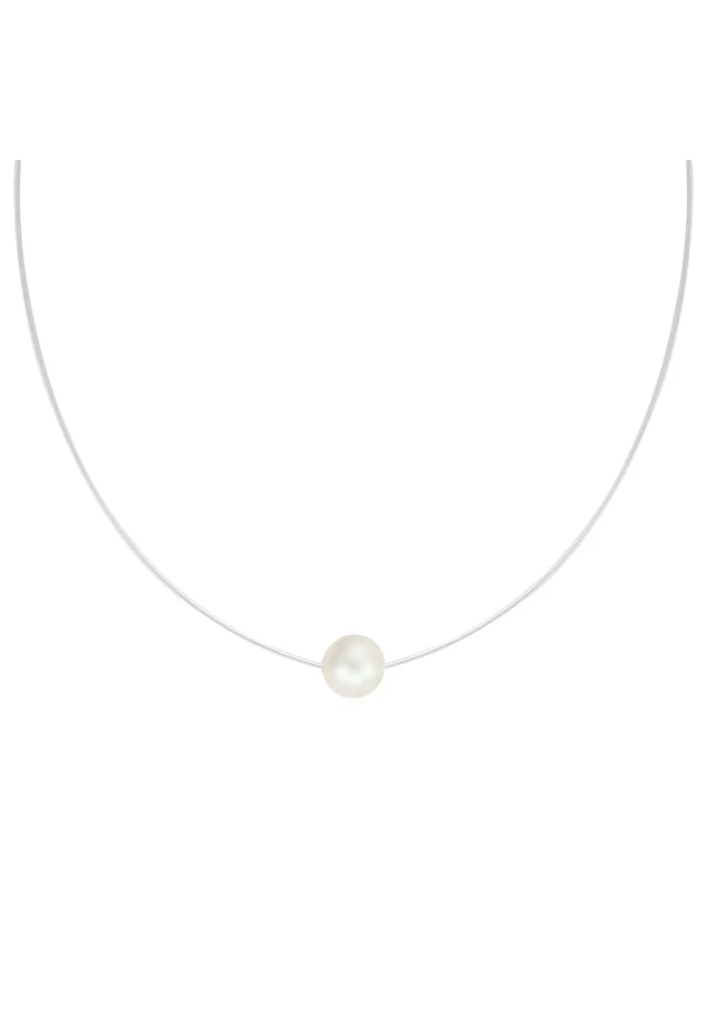 Colier silicon cu Argint 925 placat cu rodiu cu Pearl, Crem/Argintiu