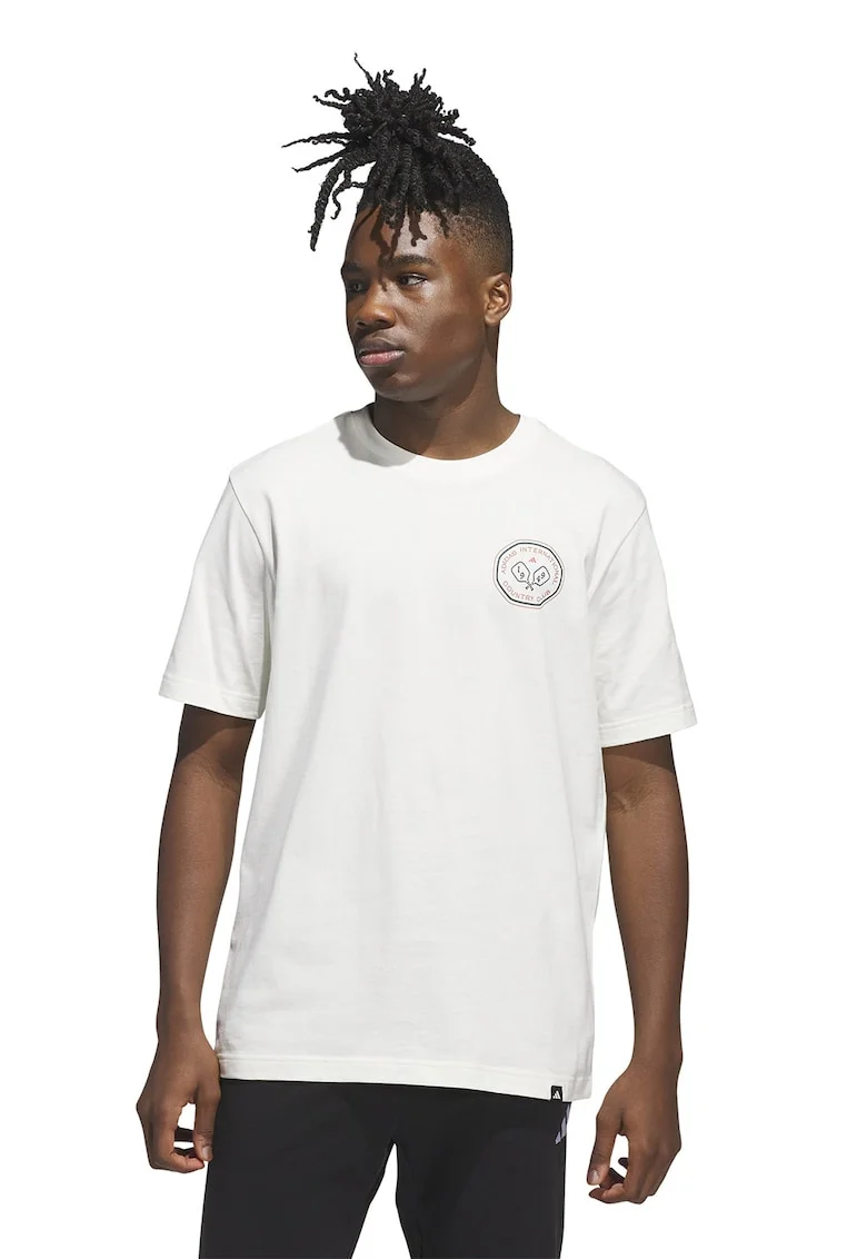 Tricou cu decolteu la baza gatului si imprimeu, Alb murdar