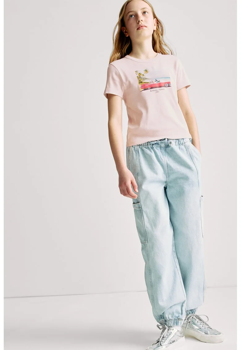 Tricou cu decolteu la baza gatului si imprimeu, Roz aprins/Roz pastel