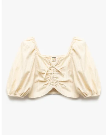 Bluza crop cu maneci bufante si incretitura elastica, Bej