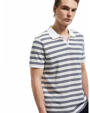 Tricou polo cu dungi, Alb/Albastru inchis