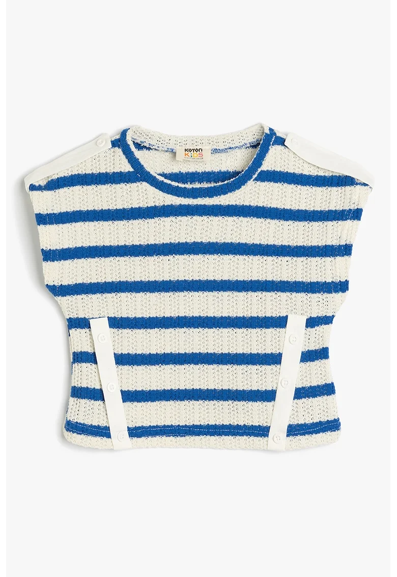 Bluza tricotata cu maneci scurte, Alb fildes/Albastru