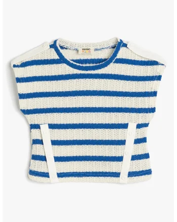 Bluza tricotata cu maneci scurte, Alb fildes/Albastru