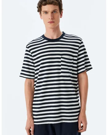 Tricou cu decolteu rotund si dungi, Alb/Albastru ultramarin