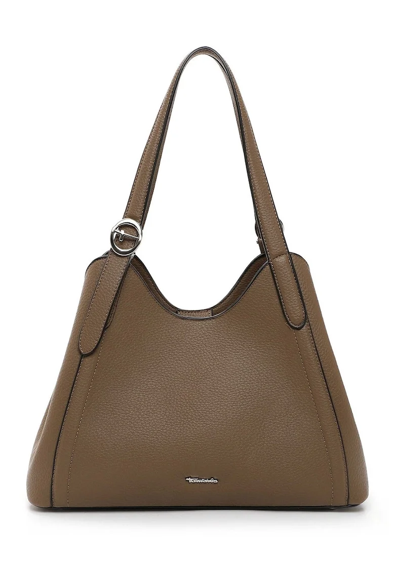 Geanta shopper din piele ecologica cu logo metalic discret, Maro taupe