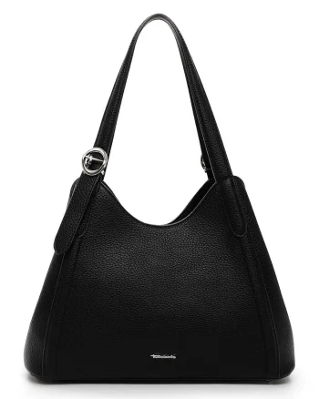 Geanta shopper din piele ecologica cu logo metalic discret, Negru