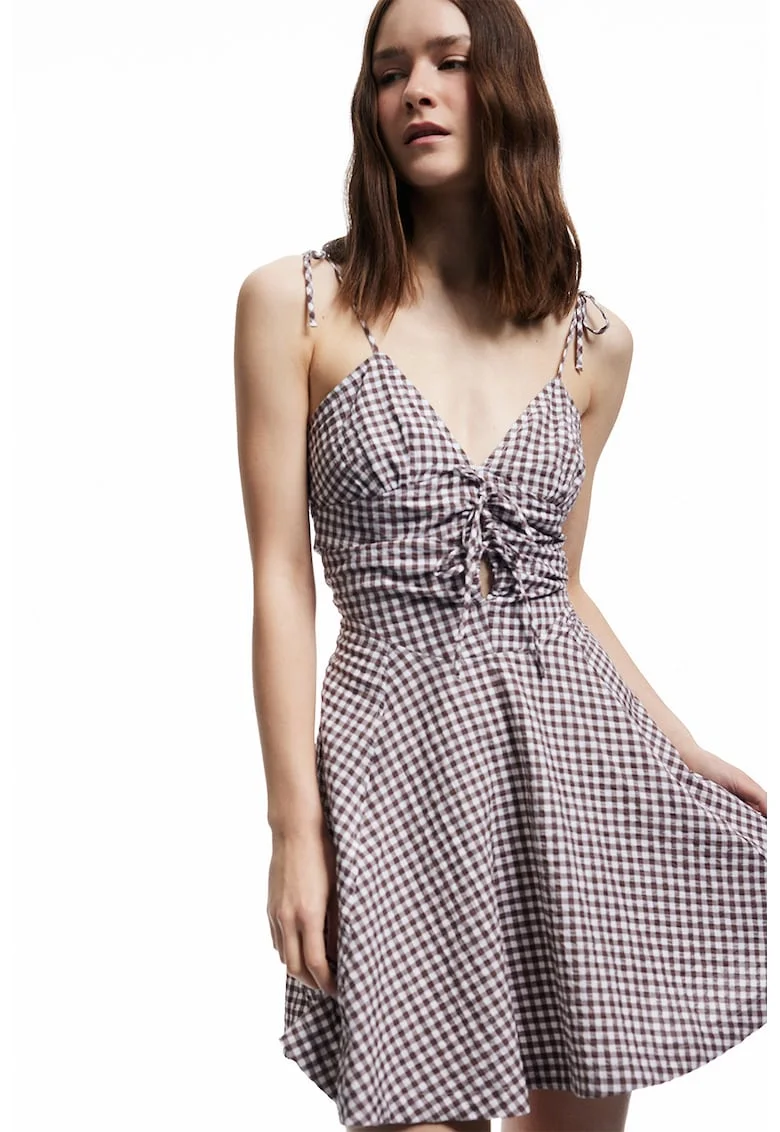 Rochie in carouri cu decolteu in V, Negru/Alb murdar