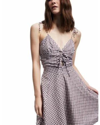 Rochie in carouri cu decolteu in V, Negru/Alb murdar