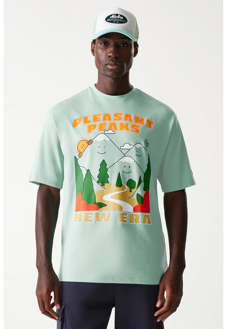 Tricou cu imprimeu grafic si decolteu la baza gatului, Verde/Portocaliu/Verde pal