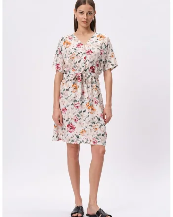Rochie cu decolteu in V si model floral, Rosu/Piersica